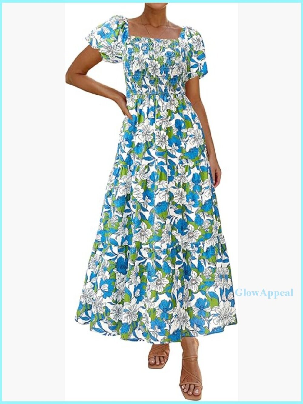 Summer Maxi Dress Puff Sleeve Square Neck Smocked Tiered Ruffle Flowy